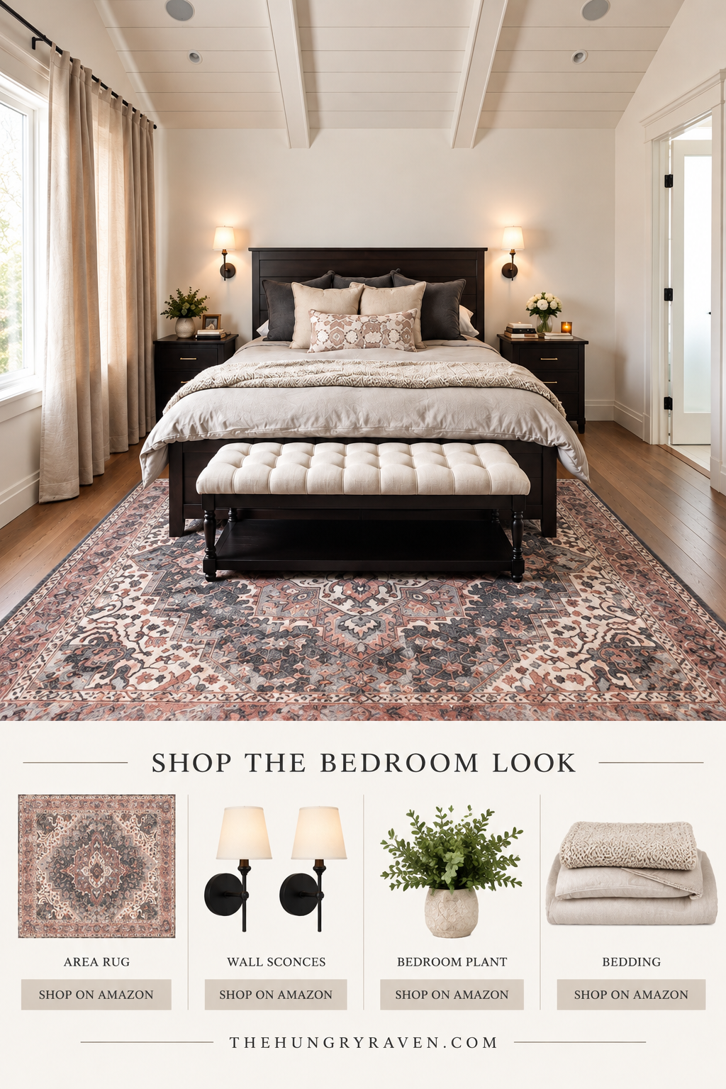 Shop the bedroom look — cozy styled bedroom with area rug, wall sconces, and bedding